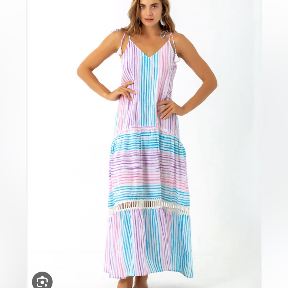 BINDU Angelica Size Small Turquoise and White Striped Maxi Dress Sundress - Picture 9 of 9